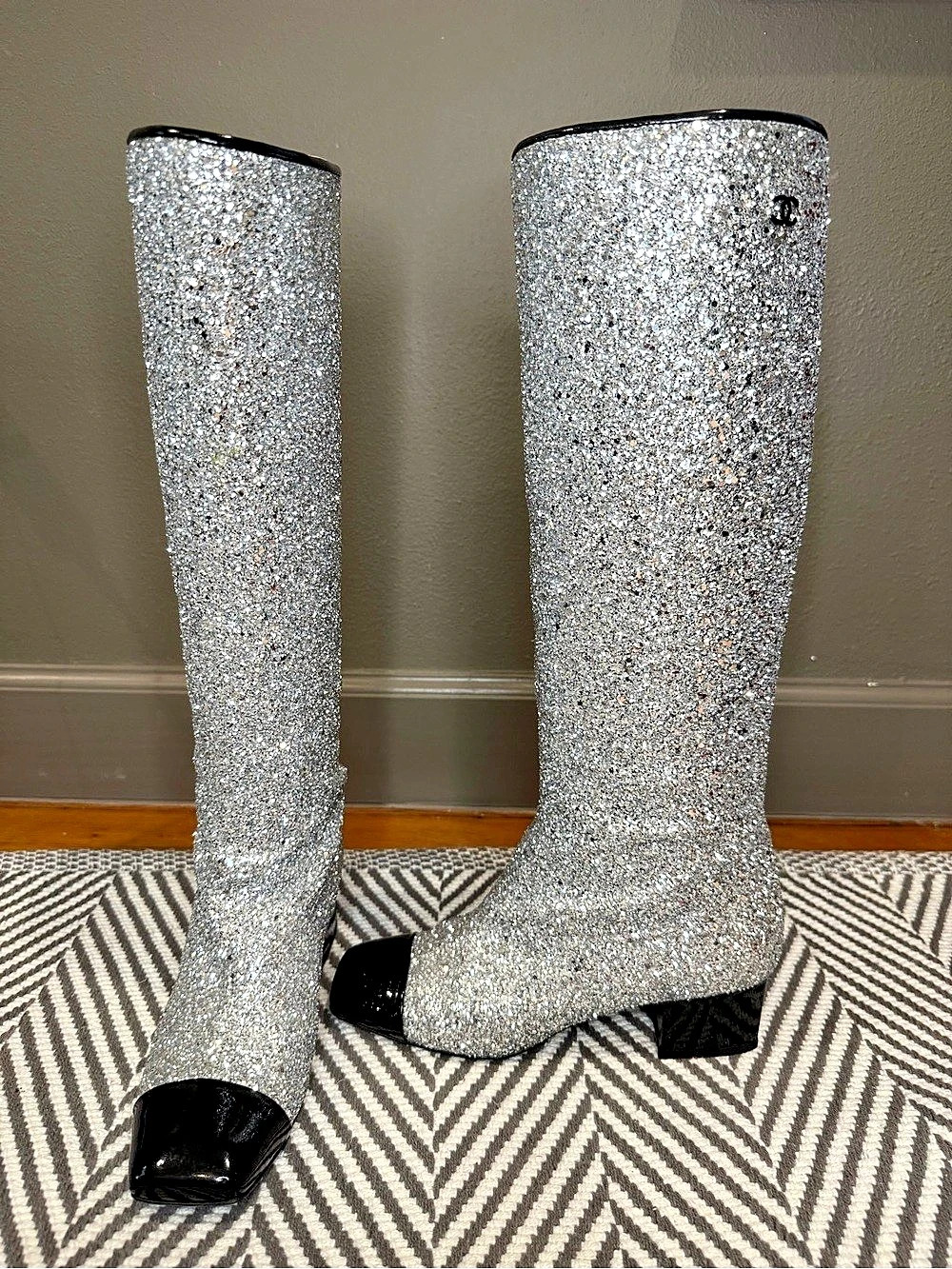 Chanel Silver Glitter Cap-Toe Knee-High Boots US 5.5